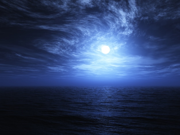 Бесплатное фото 3d визуализации луны над морем с циркулирующими облаками