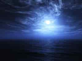 無料写真 3dは、渦巻く雲と海の上の月のレンダリング