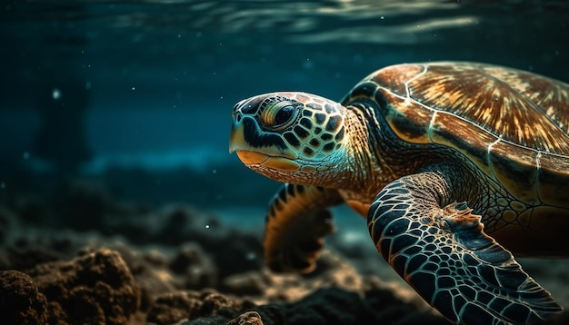 Голубая морская черепаха плавает в тропическом рифе, созданном искусственным интеллектом