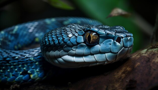 A blue snake with a green ring around its eye is sitting on a log.