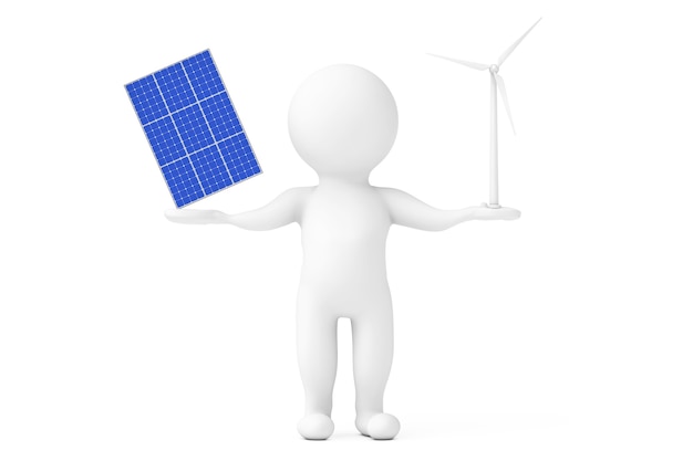 白い背景の上の人のキャラクターの手で風力タービン風車のバランスをとる青い太陽電池パターンパネル。 3dレンダリング
