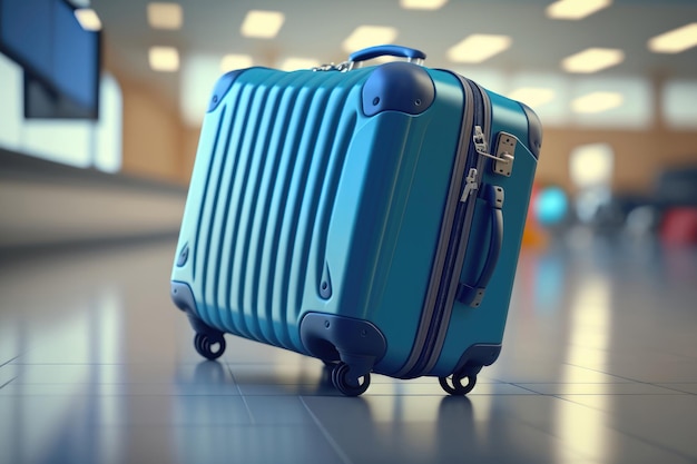 Синий чемодан в терминале вылета аэропорта Концепция путешествия