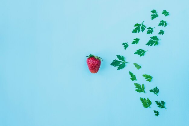 Blue surface with strawberry and parsley