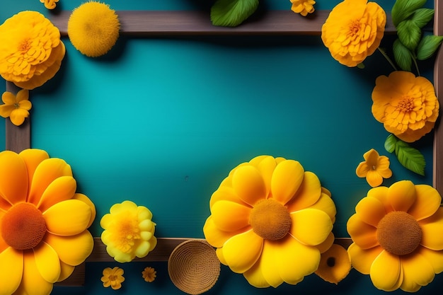 A blue table with yellow flowers and a wooden spoon