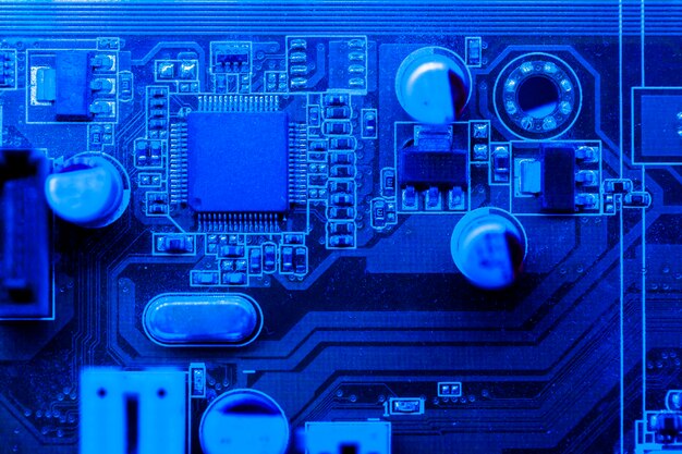 Blue themed circuit board with chip