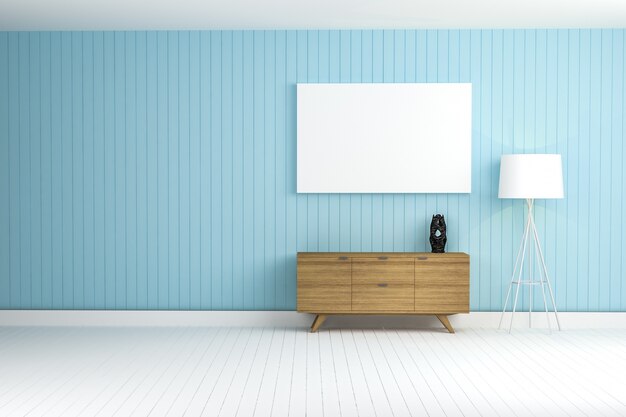 Blue wall with a brown furniture