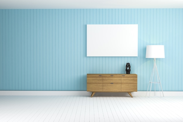 Blue wall with a brown furniture