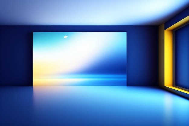 '파란색'이라고 적힌 대형 스크린이 있는 파란 벽