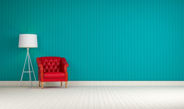 赤いソファのあるブルーの壁