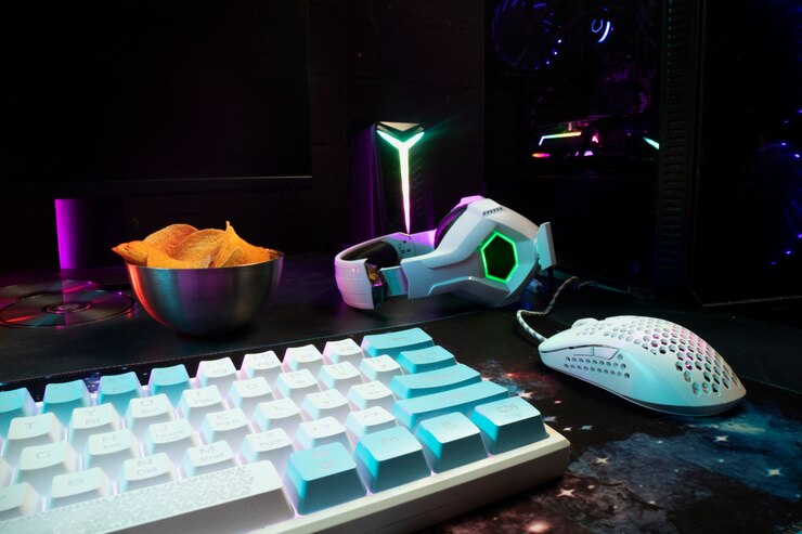 Free Photo blue and white keyboard high angle