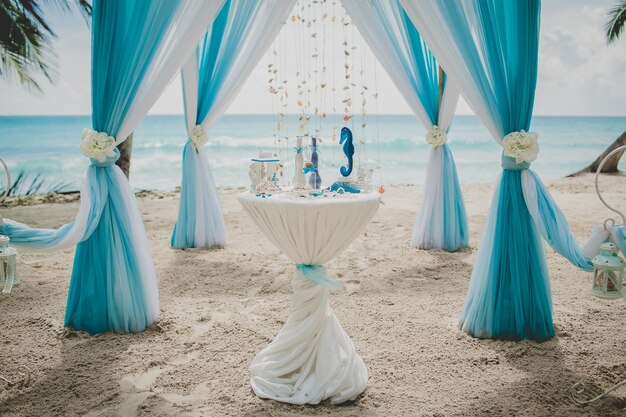 Blue and white wedding aisle in a beach surrounded by palms with the sea on the background