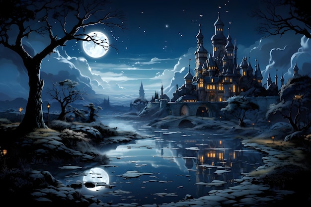 Синий зимний фон сцены сказочного королевства