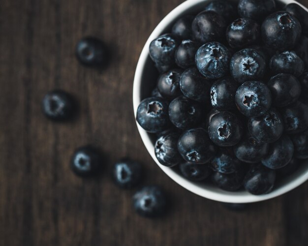 Blueberries in bowl, close-up top view