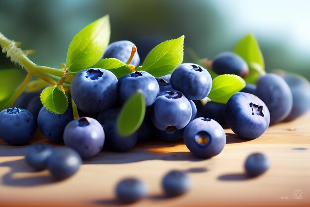 Blueberries on a wooden table with green leaves