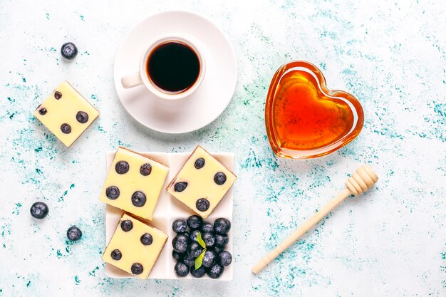 Blueberry cheesecake bars with honey and fresh berries.