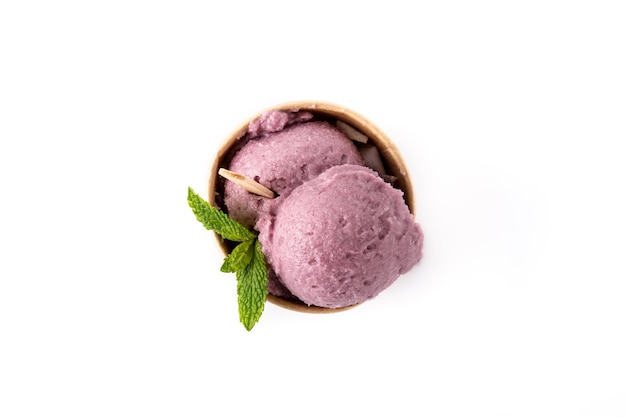 Blueberry ice cream scoop in paper cup