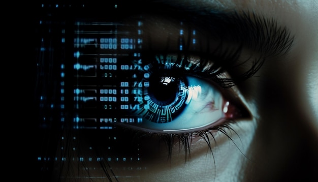푸른 눈의 사이보그 여성은 AI가 생성한 미래형 컴퓨터 데이터를 보고 있습니다.