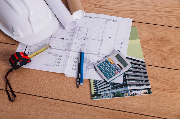Free Photo blueprint under calculator and helmet