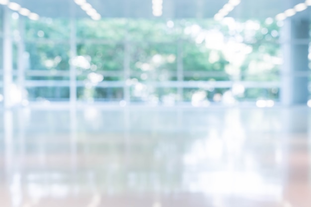 Blurred abstract background interior view looking out toward to empty office lobby and entrance doors and glass curtain wall with frame