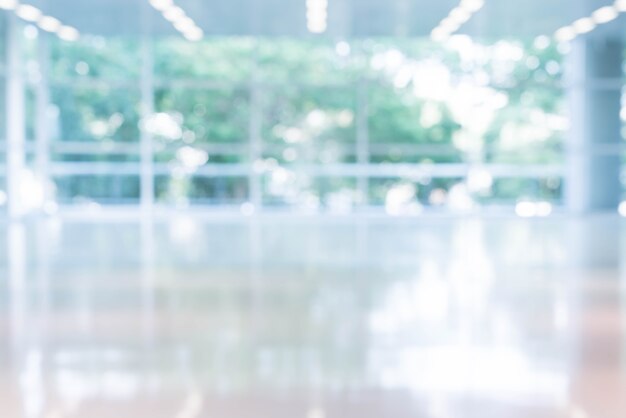 Blurred abstract background interior view looking out toward to empty office lobby and entrance doors and glass curtain wall with frame