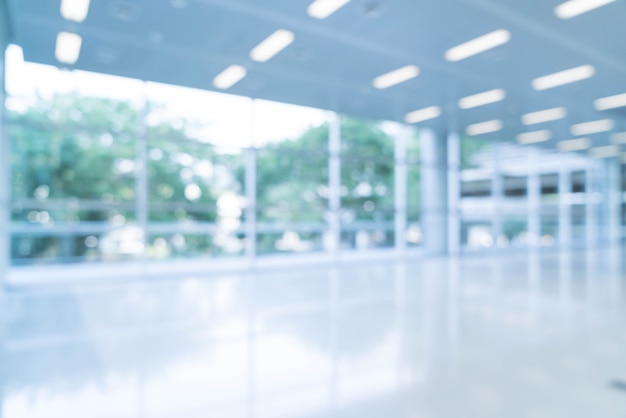 Blurred abstract background interior view looking out toward to empty office lobby and entrance doors and glass curtain wall with frame