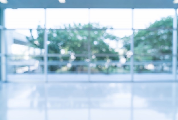 Blurred abstract background interior view looking out toward to empty office lobby and entrance doors and glass curtain wall with frame