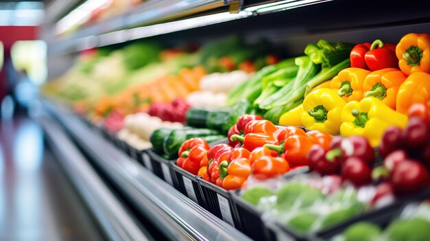 Blurred background of fruits and vegetables arranged on supermarket shelves