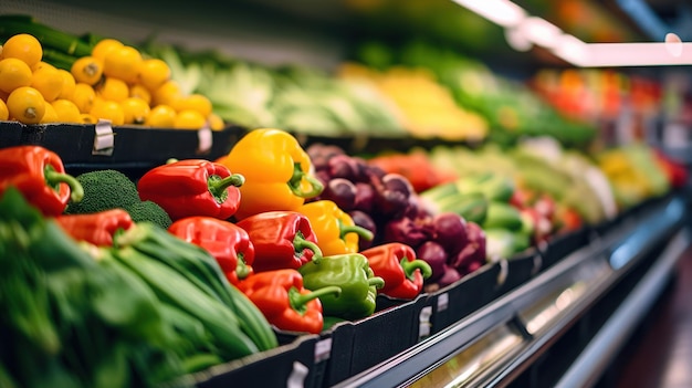 Foto gratuita lo sfondo sfocato di frutta e verdura disposti sugli scaffali dei supermercati