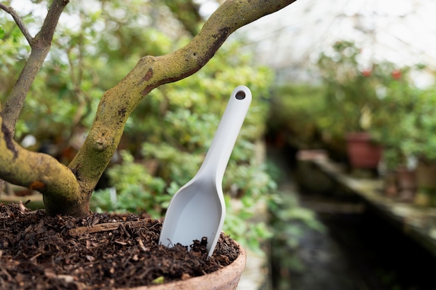 植木鉢のツールでぼやけた温室