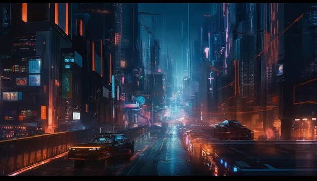 Размытое движение, освещающее городскую жизнь ночью, сгенерированное ИИ
