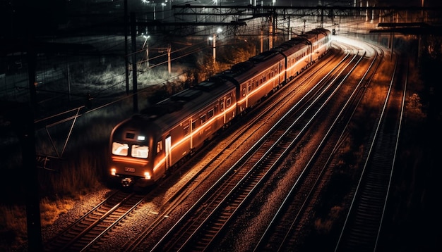 Размытое движение поезда метро в городском пейзаже, сгенерированное ИИ