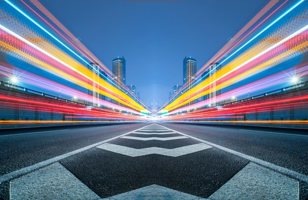 blurred traffic light trails on road