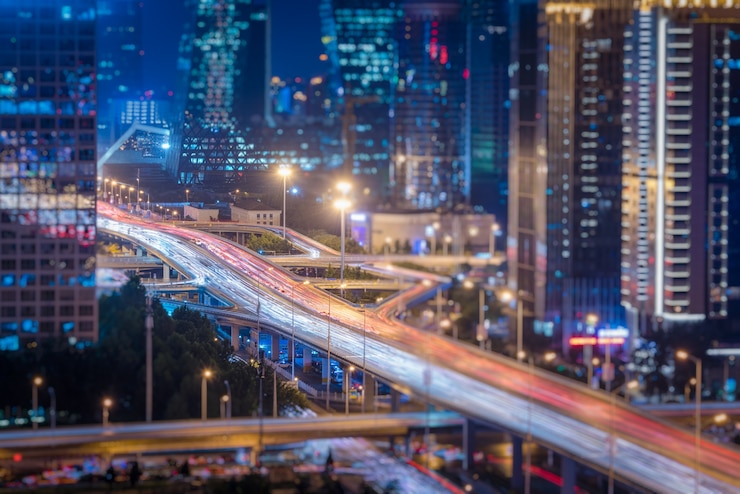 Free Photo blurred traffic light trails on road