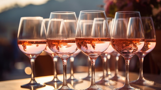 Бесплатное фото Красные розовые бокалы с вином улавливают свет в окружении праздничного празднования, где друзья собираются вместе, чтобы ценить моменты