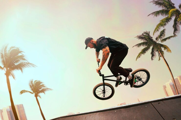 無料Photo bmxライダーは日没時にスケートパークでトリックを実行しています