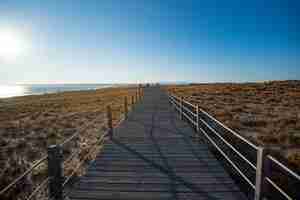 Free photo boardwalk by the sea during sunset