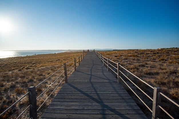 Boardwalk by the sea during sunset