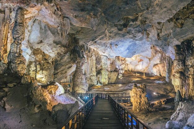 Boardwalk system inside the beautiful Paradise cave in Vietnam