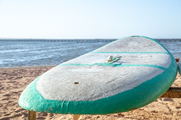 Boat on the beach for tourists to rent . Close up