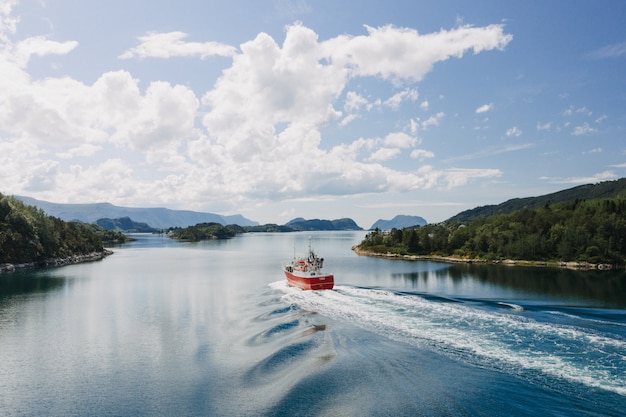 A boat on the body of the water surrounded by trees under a clear blue sky with white clouds