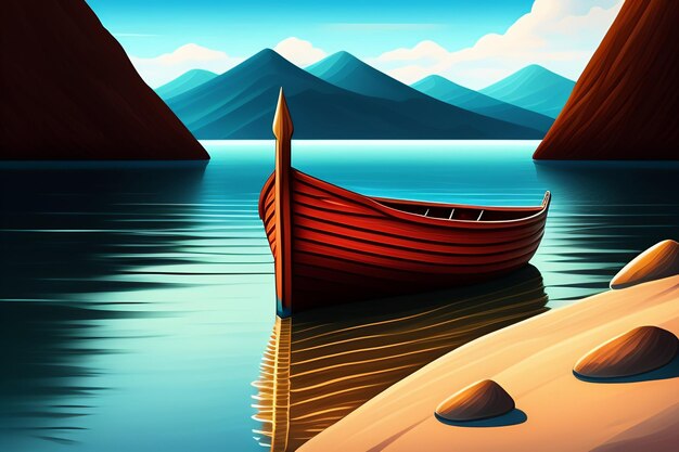 A boat on the water with mountains in the background.