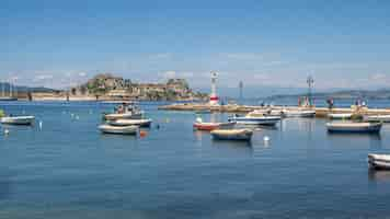 Free photo boats in the harbor at corfu greece