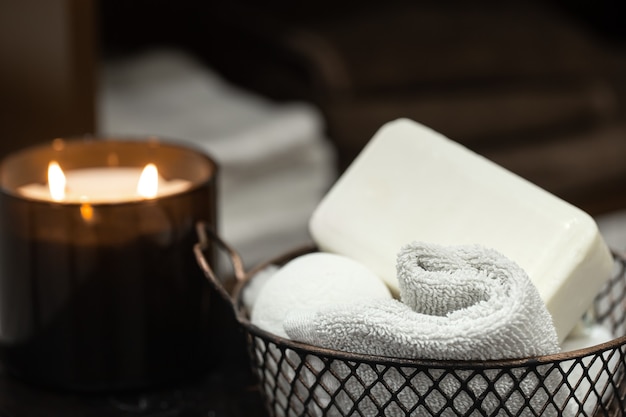 Free photo body care products in a metal basket. health and hygiene concept.