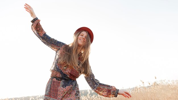 Bohemian woman in nature with copy space