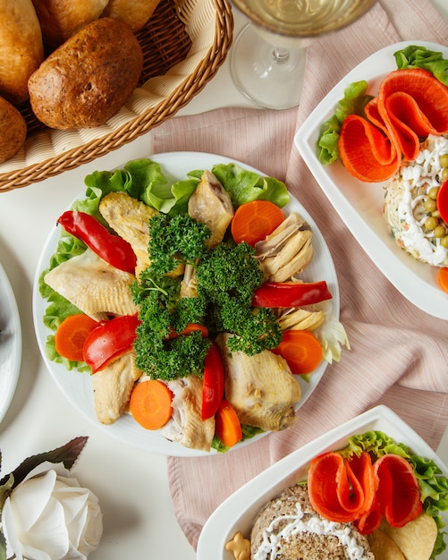 boiled chicken with vegetable top view