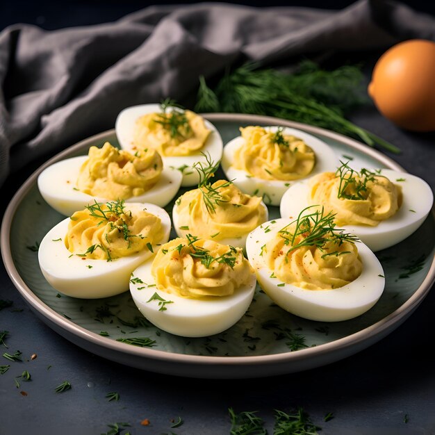 Boiled deviled eggs with mayonnaise and dill selective focus