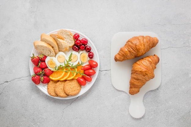 Boiled egg fruits and vegetables for breakfast