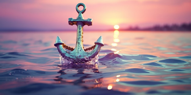 Free photo a bold golden anchor hangs suspended above the turbulent silver waves below