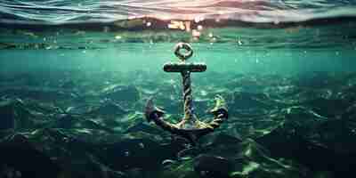 Free photo a bold golden anchor hangs suspended above the turbulent silver waves below