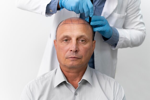 Bold man going through a follicular unit extraction process